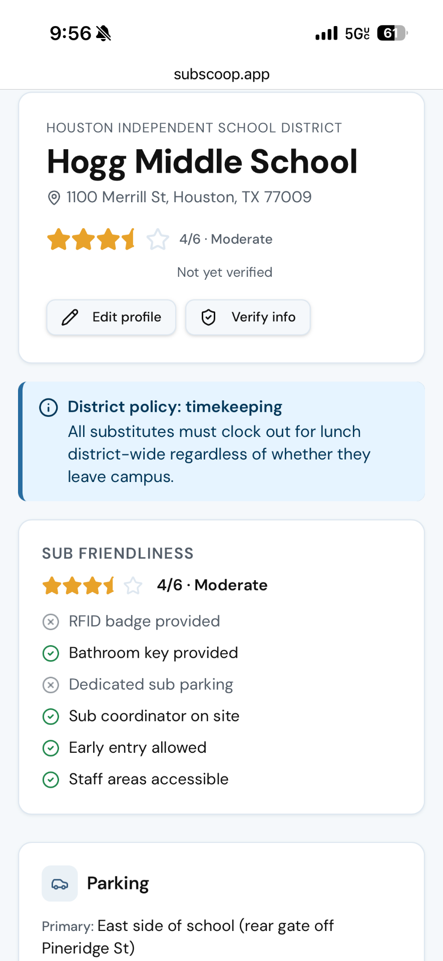 SubScoop school profile shown on a mobile phone